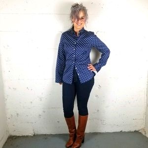Blue sateen cotton polka dot blouse